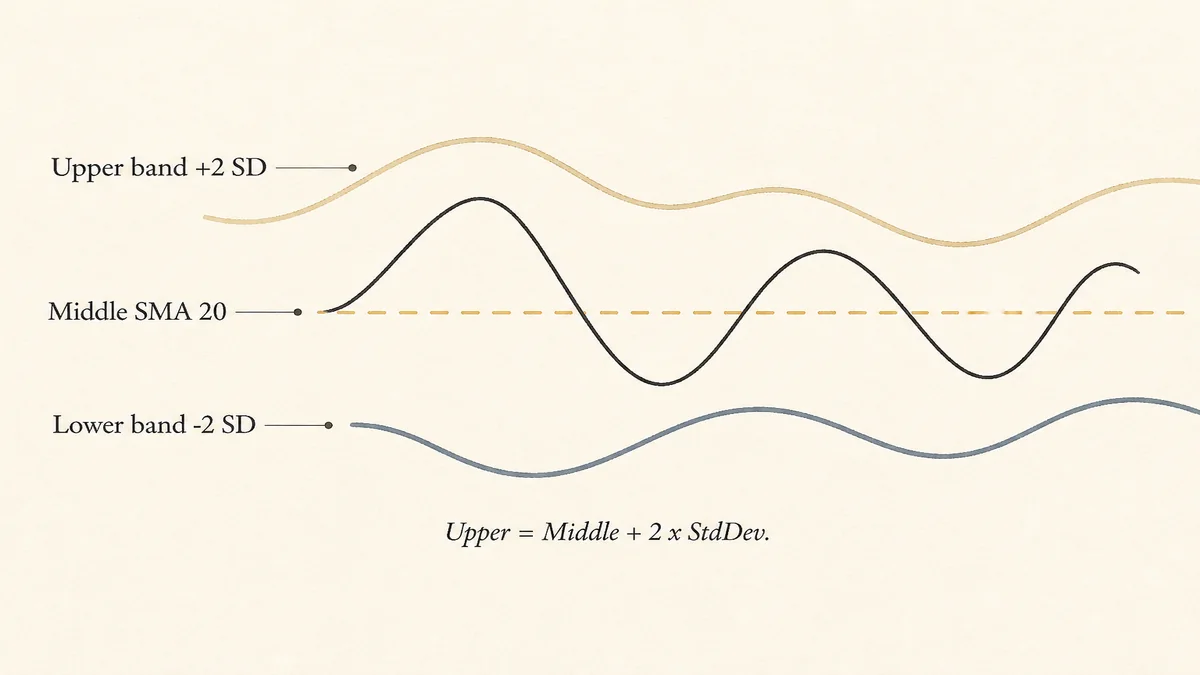 Schematic of upper, middle and lower Bollinger Bands around an unlabeled price path