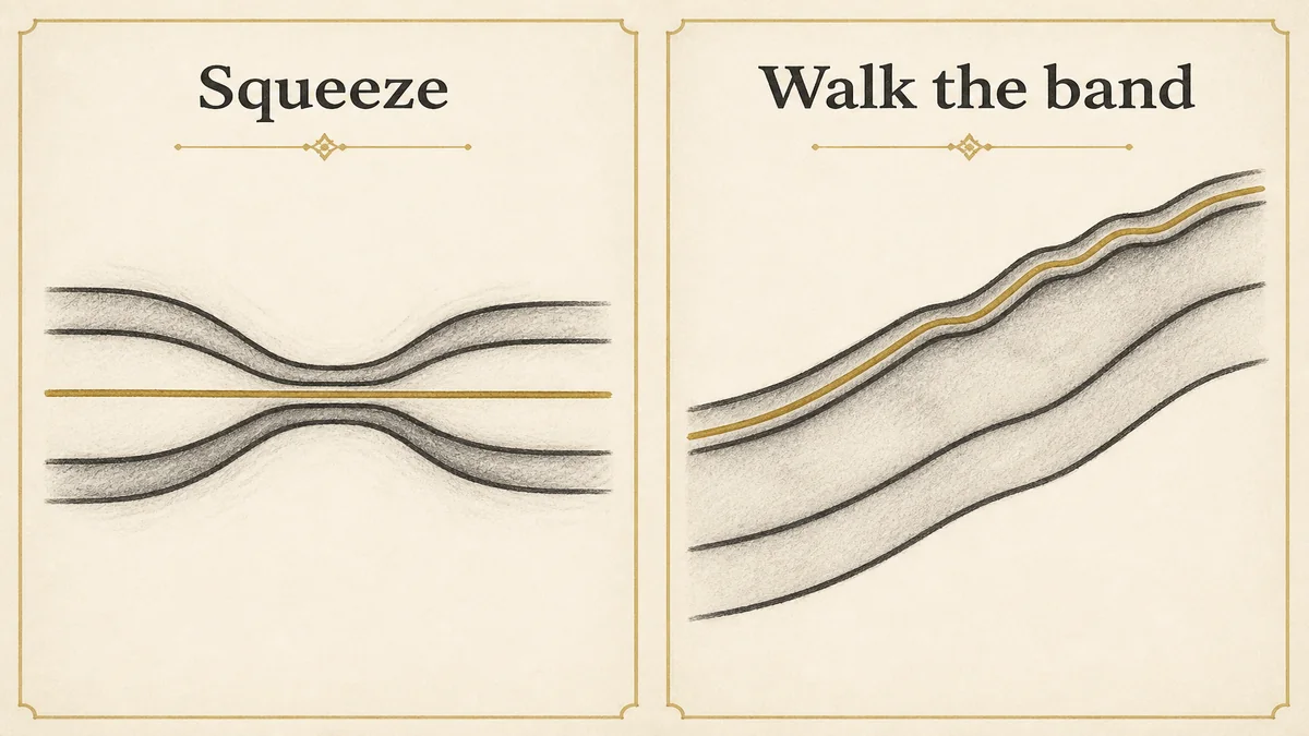 Two-panel educational diagram of a Bollinger squeeze versus price walking the upper band