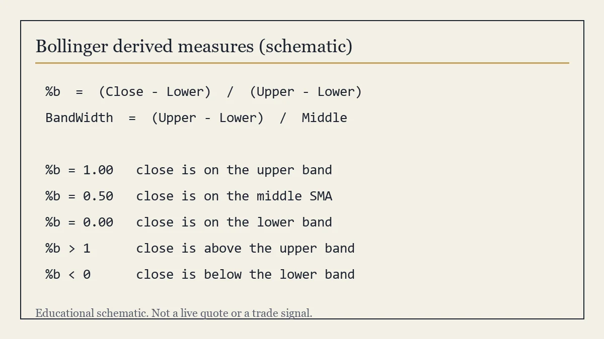 Educational formulas for percent b and Bollinger BandWidth with %b reference levels