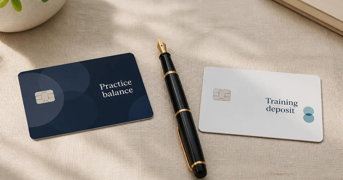 Editorial comparison of a round virtual 100,000 practice balance versus a small real deposit balance on two generic account cards