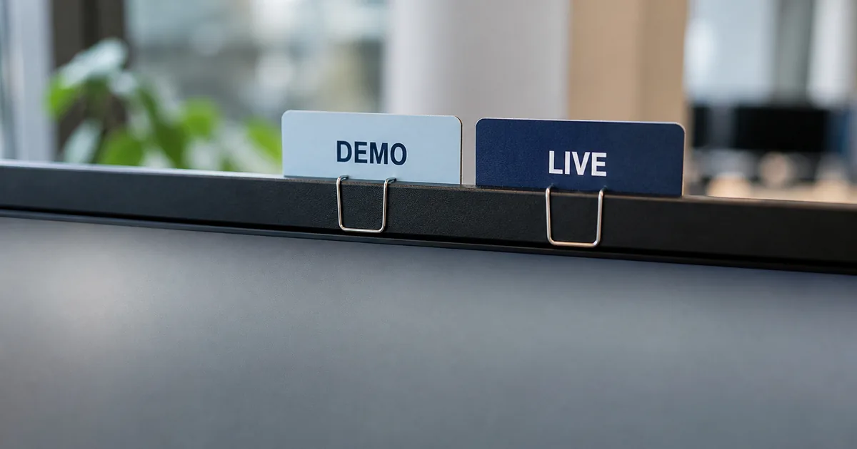 Close-up of a generic trading terminal header with a DEMO badge on one account and a LIVE badge on another