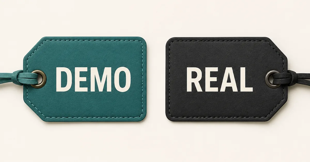 Two generic server-name tags side by side, one marked Demo and one marked Real, on a clean editorial card