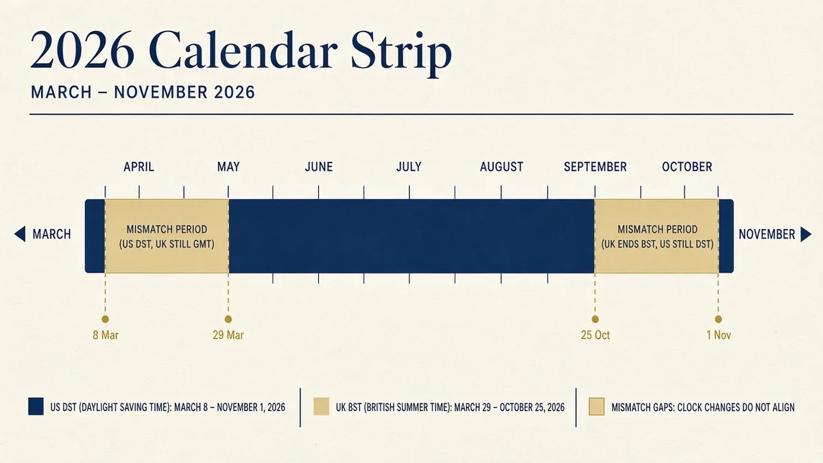 2026 calendar strip showing US DST from 8 March to 1 November and UK BST from 29 March to 25 October with mismatch gaps highlighted