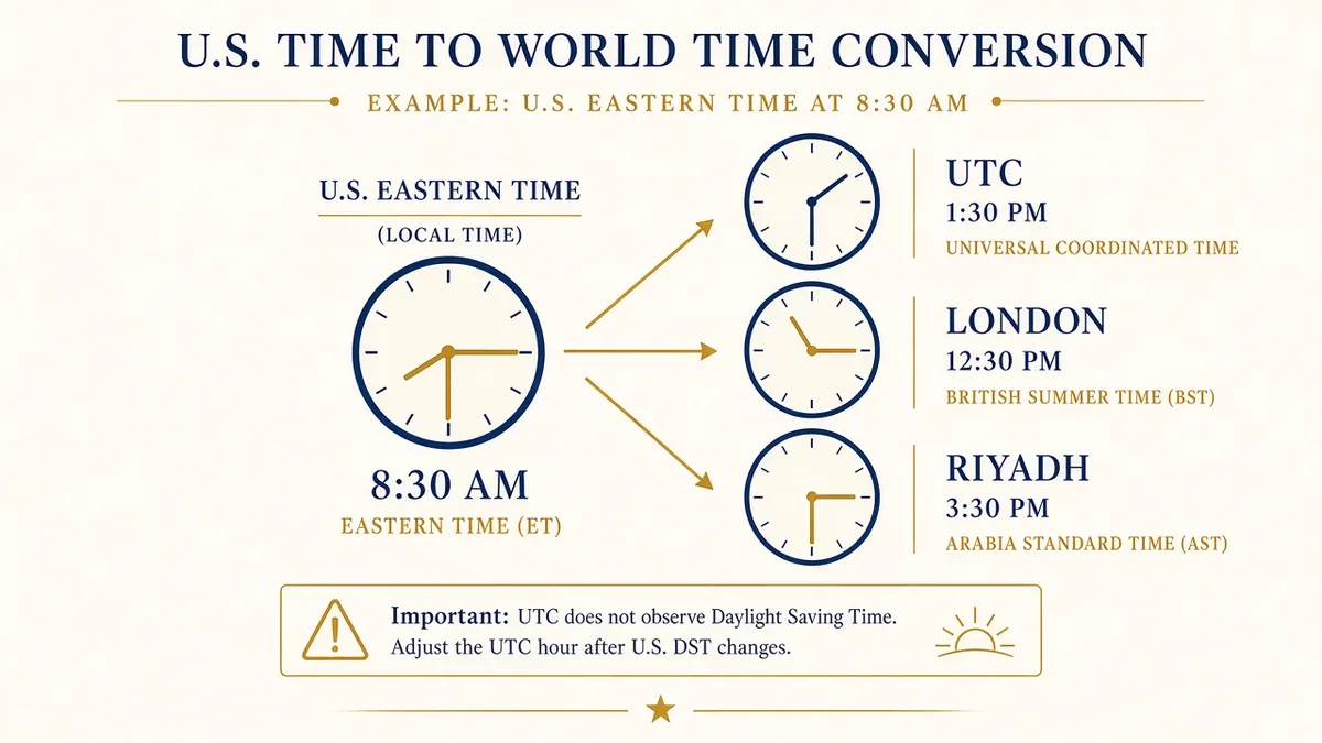 Conversion diagram from 8:30 US Eastern to UTC, London and Riyadh clocks