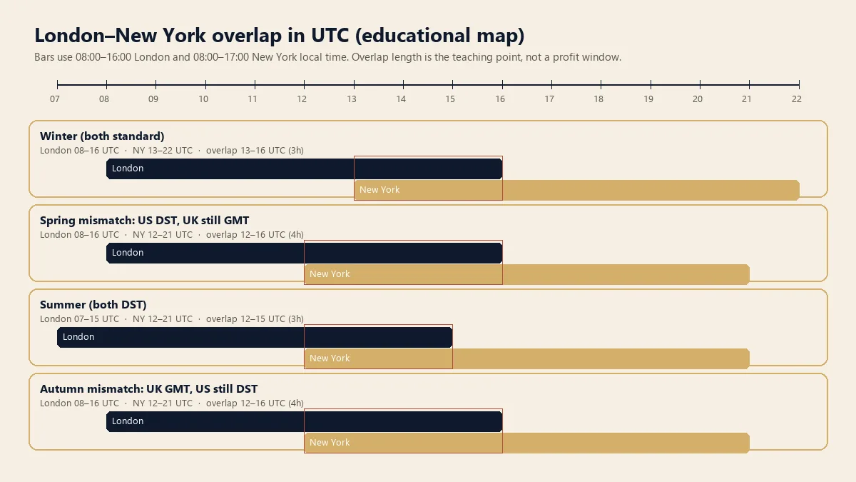 Four UTC bar maps of London and New York sessions in winter, spring mismatch, summer and autumn mismatch