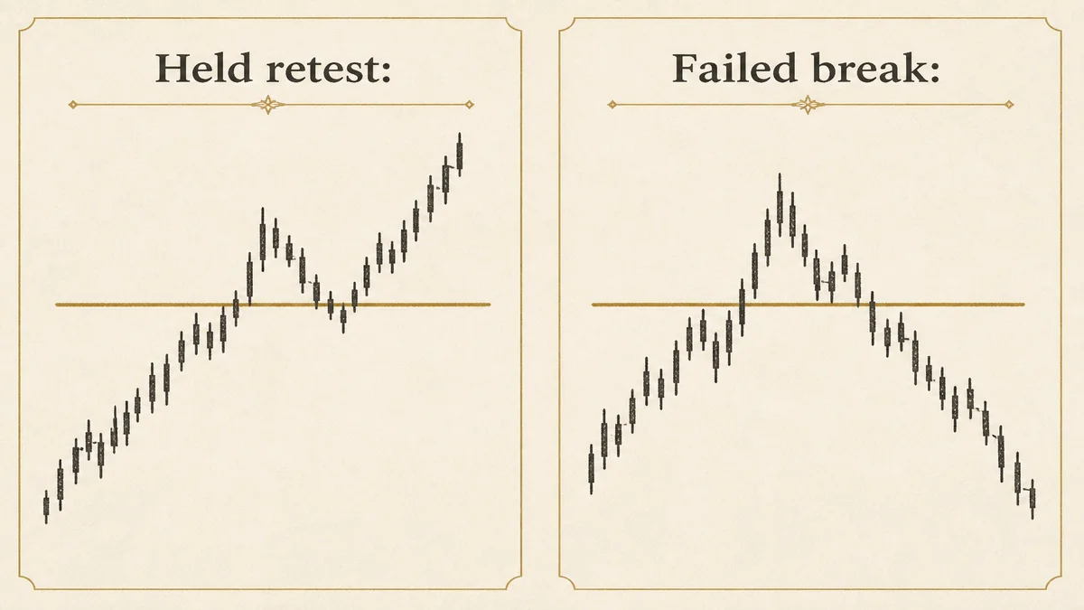 Two-panel educational diagram of a held break-and-retest versus a failed break back into the range