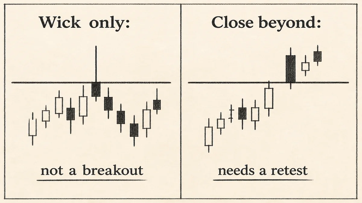 Two-panel diagram comparing a wick through a level with a close that stays beyond the level
