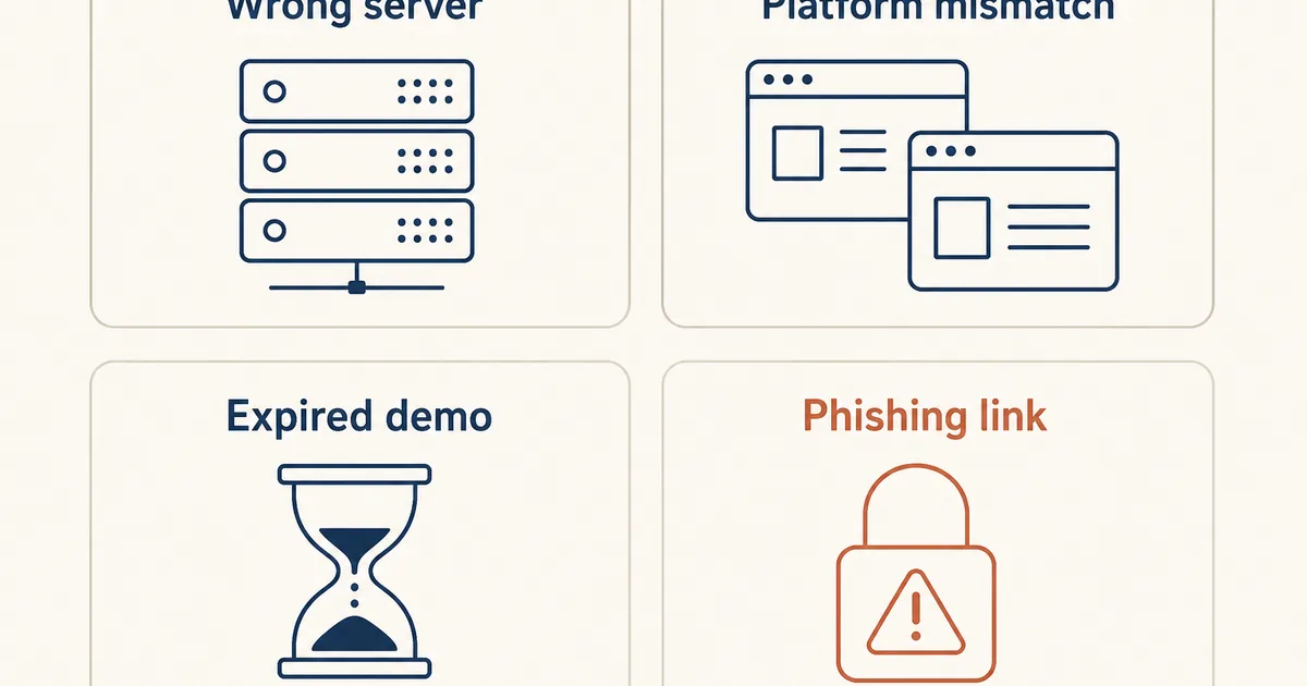 Editorial troubleshooting board with four generic error tiles: wrong server, platform mismatch, expired demo, and phishing link