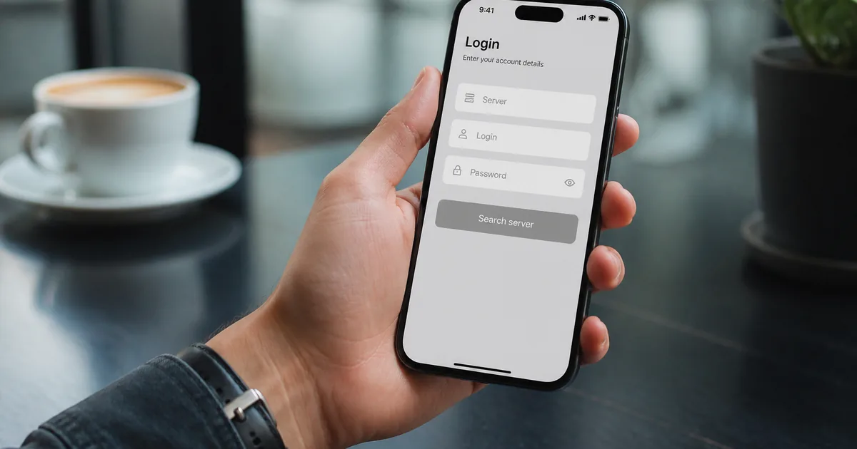 Smartphone in a hand showing a generic MetaTrader-style account login with server search, no brand logos