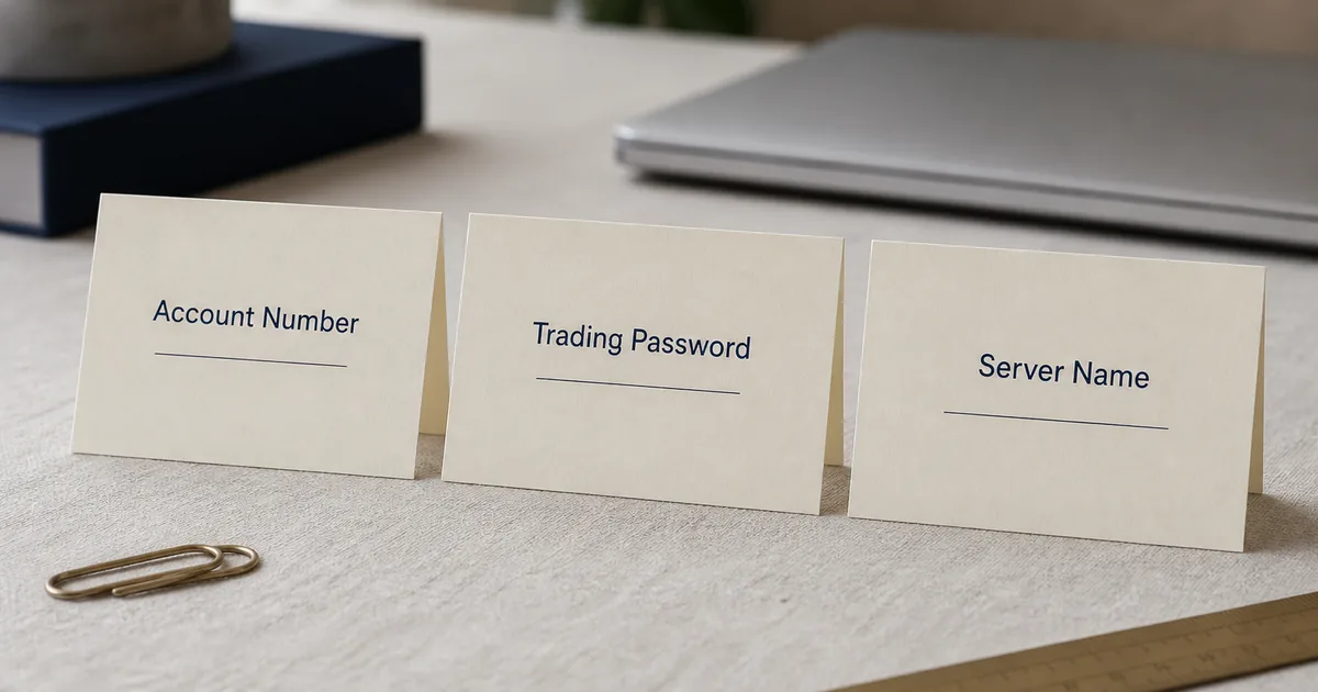 Three clean credential cards labelled Account Number, Trading Password and Server Name on a neutral desk