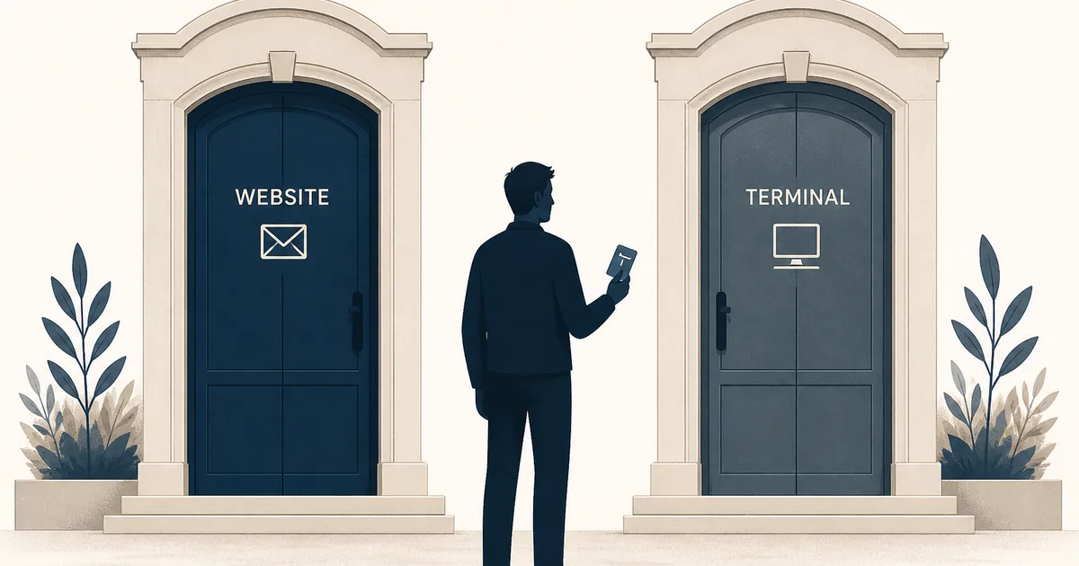 Two labelled doors illustration: website dashboard with email login versus MetaTrader terminal with account number, password and server