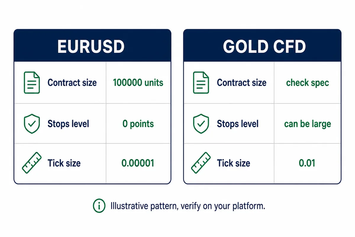 Side-by-side illustration comparing EURUSD and gold CFD specification fields for contract size, stops level and tick size