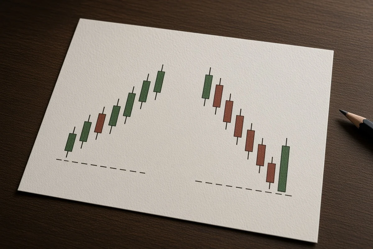 Two hand-inked candlestick studies on cotton paper: a rising sequence, and a decline that ends with a tall up candle