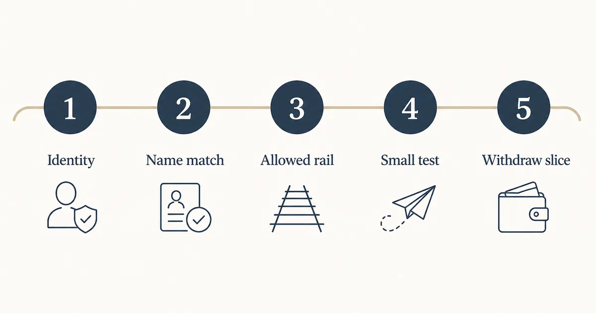 Five-step editorial funding path: verify identity, match the name, pick an allowed rail, send a small test, then withdraw a slice