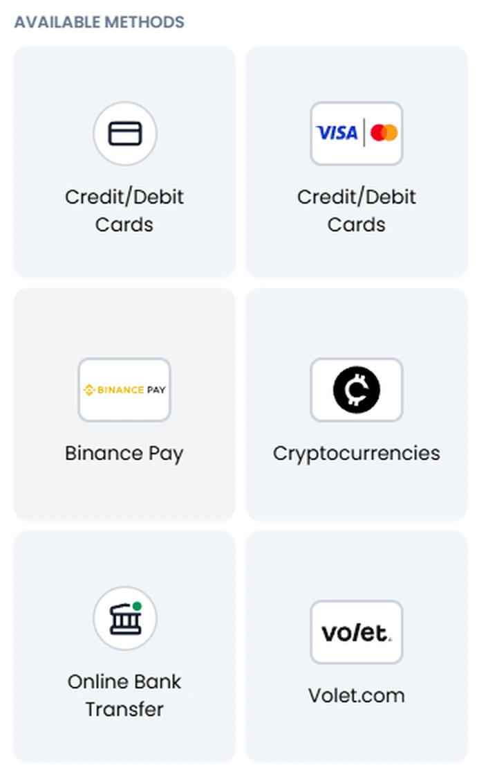 XM Global Available Methods showing Credit/Debit Cards, Visa Mastercard, Binance Pay, Cryptocurrencies, Online Bank Transfer and the new Volet.com tile